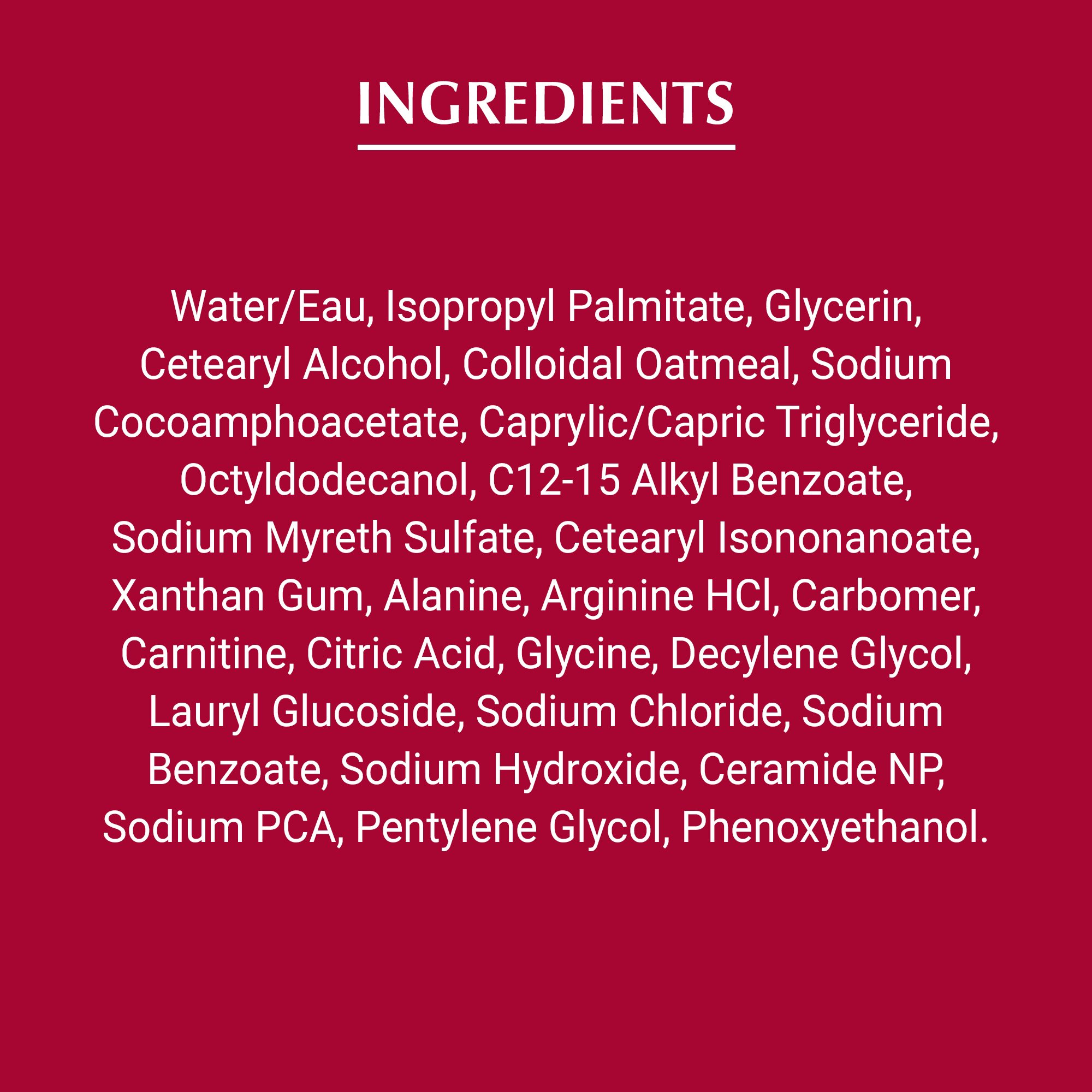 View of Eucerin eczema relief body wash product ingredients text in white font against a red background.