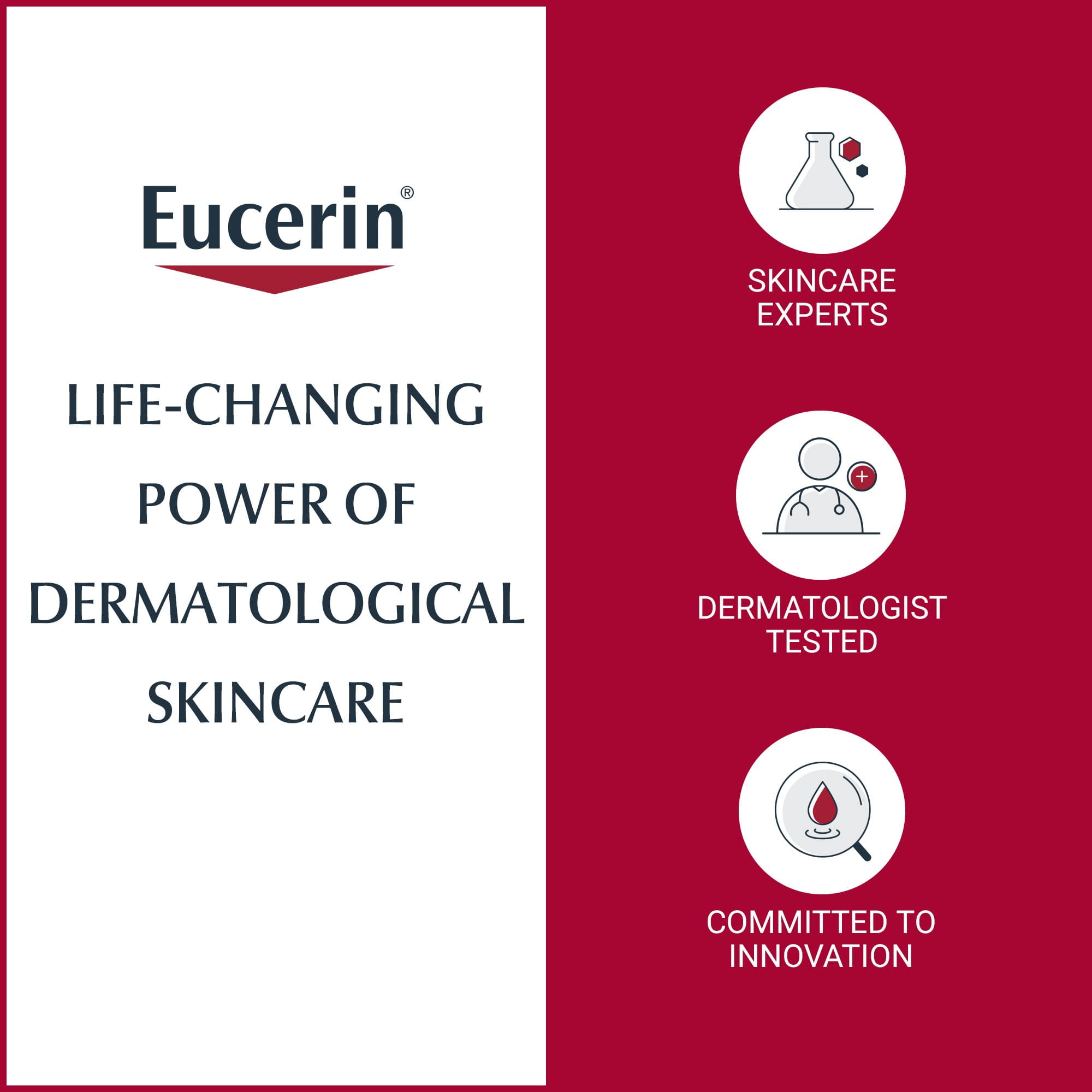 View of Eucerin eczema relief body wash dermatological product description on white and red background.