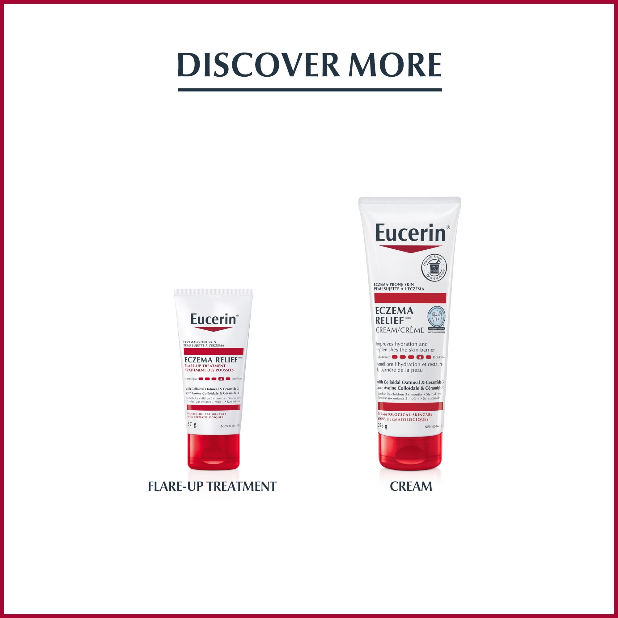 View of two Eucerin eczema relief body wash products in different sizes against a white background.