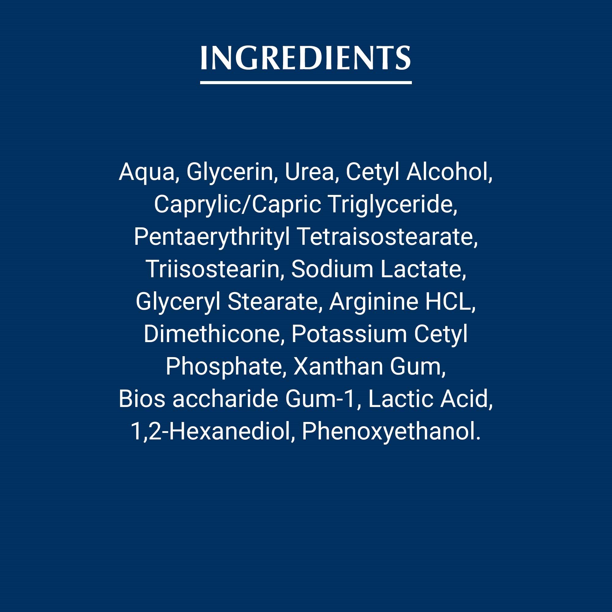 View of Eucerin Urea Repair replenishing face cream ingredients text against a blue background.