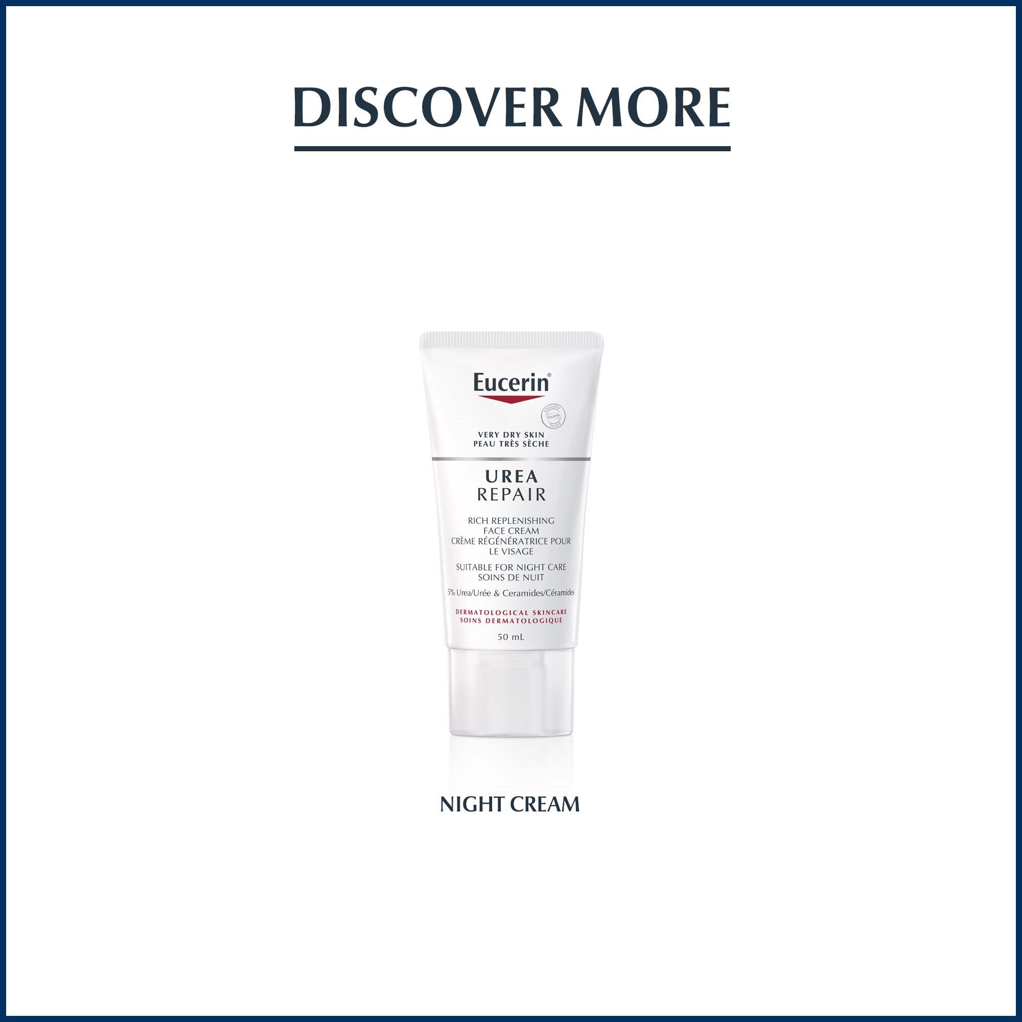 View of Eucerin Urea Repair rich replenishing face cream size 50 mL against a white background.