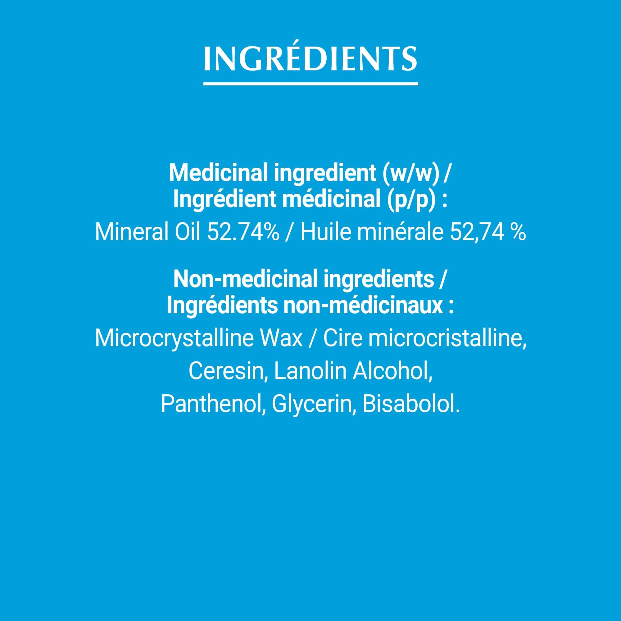 Fiche des ingrédients de l'onguent réparateur Eucerin Aquaphor Baby en blanc sur fond bleu.