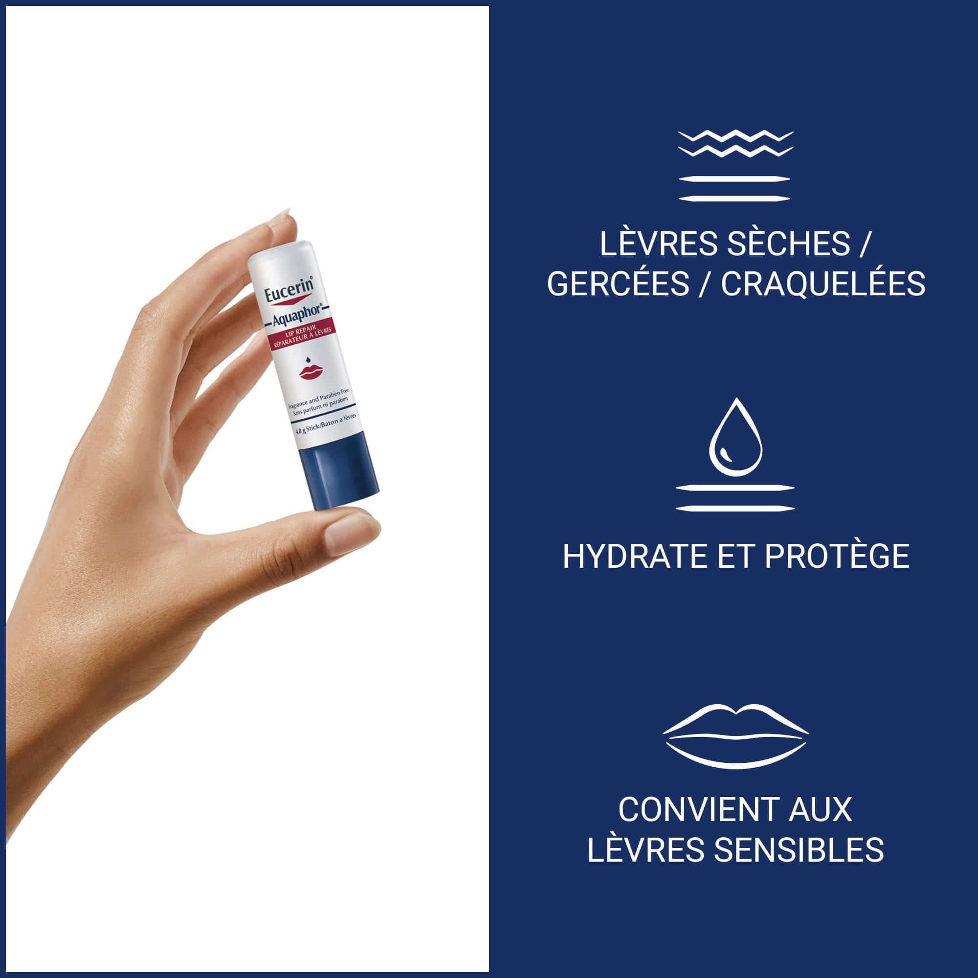 Gros plan d’une main tenant un tube de Réparateur à lèvres Aquaphor de 4,8 g, avec mention des bienfaits du produit et recommandations d’utilisation.