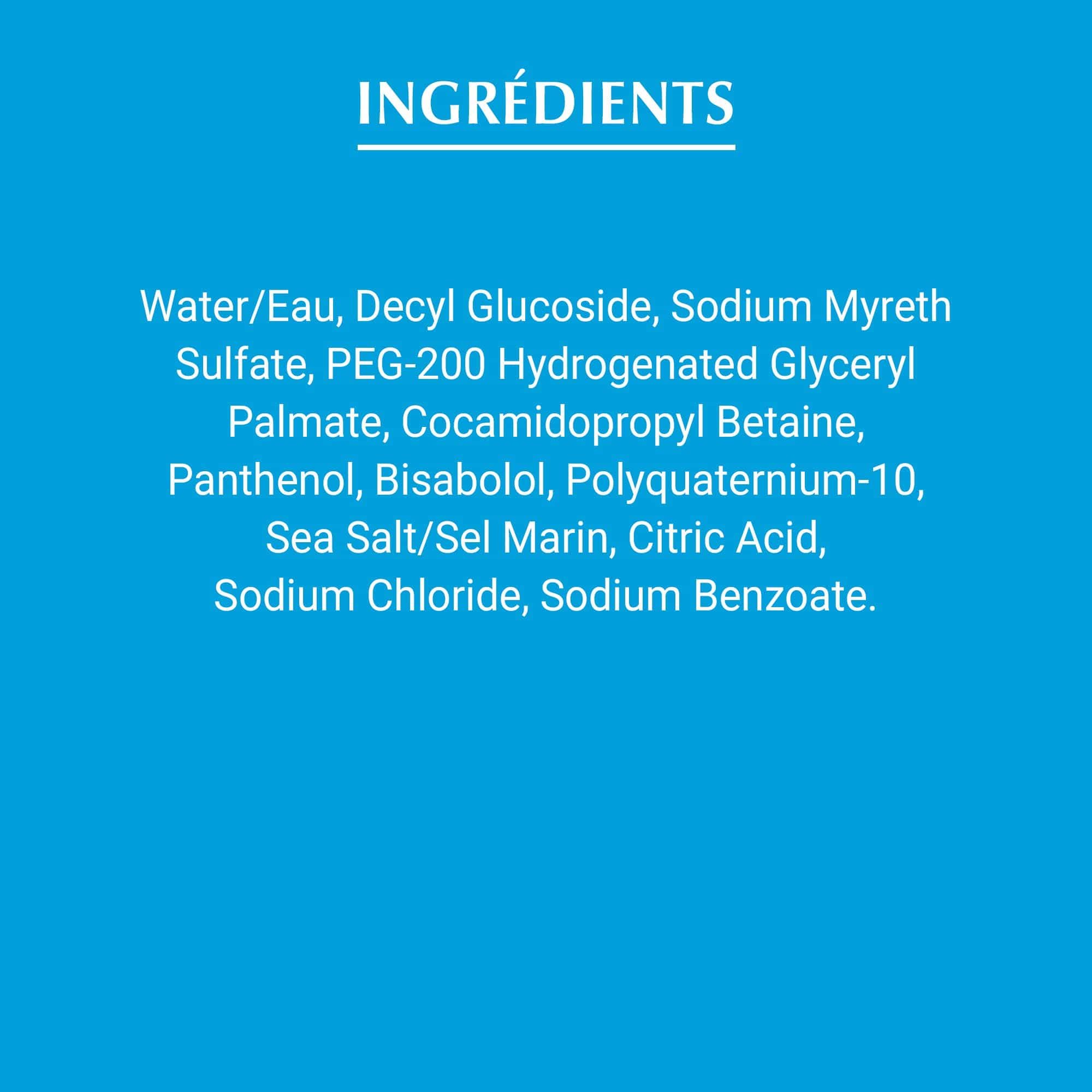 Liste des ingrédients du nettoyant et shampooing Eucerin Aquaphor Baby, en blanc sur fond bleu.