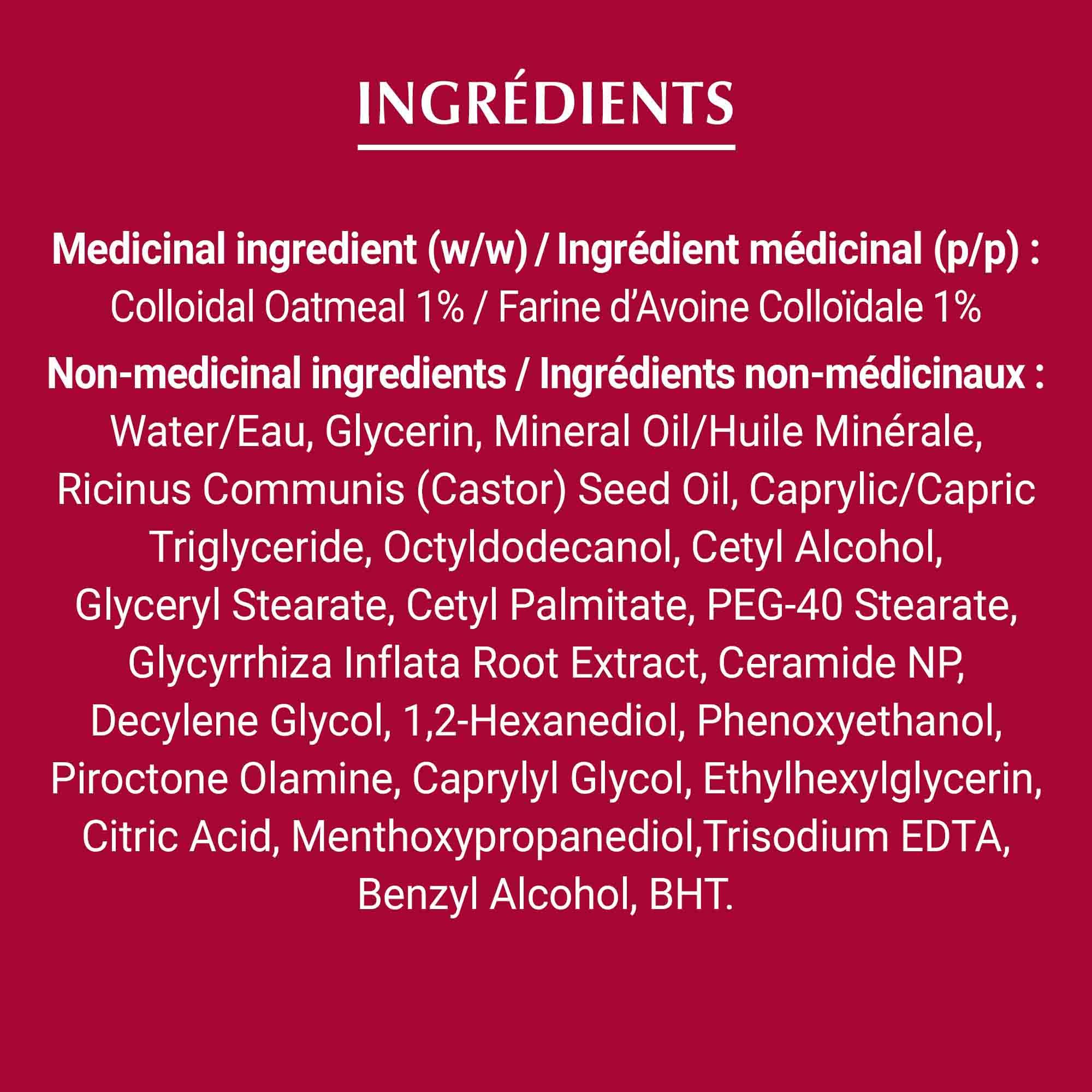 Liste des ingrédients de la crème Eucerin pour le traitement des poussées d'eczéma, en blanc sur fond rouge.