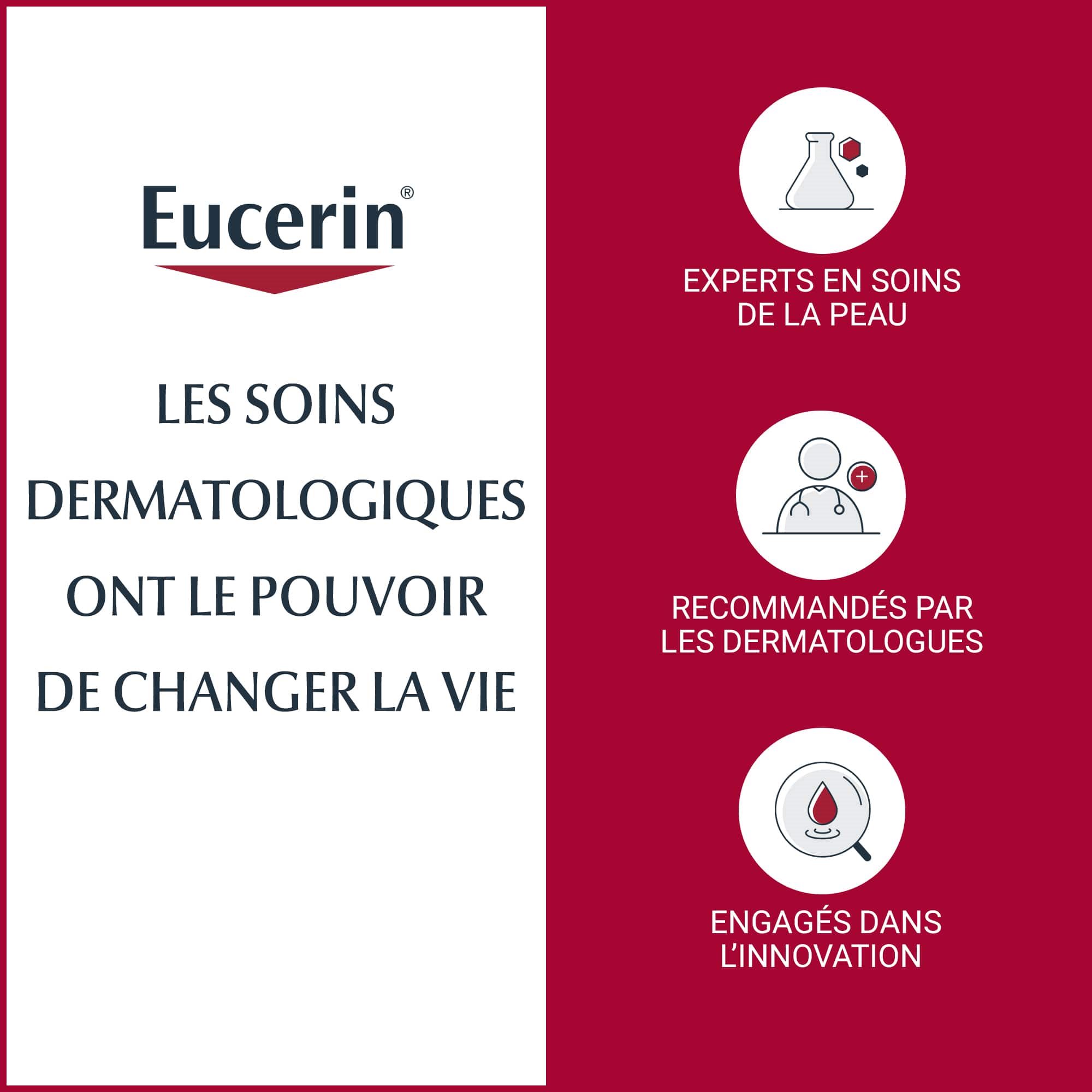 Infos dermatologiques sur la crème Eucerin pour le traitement des poussées d'eczéma, sur fond blanc et rouge.