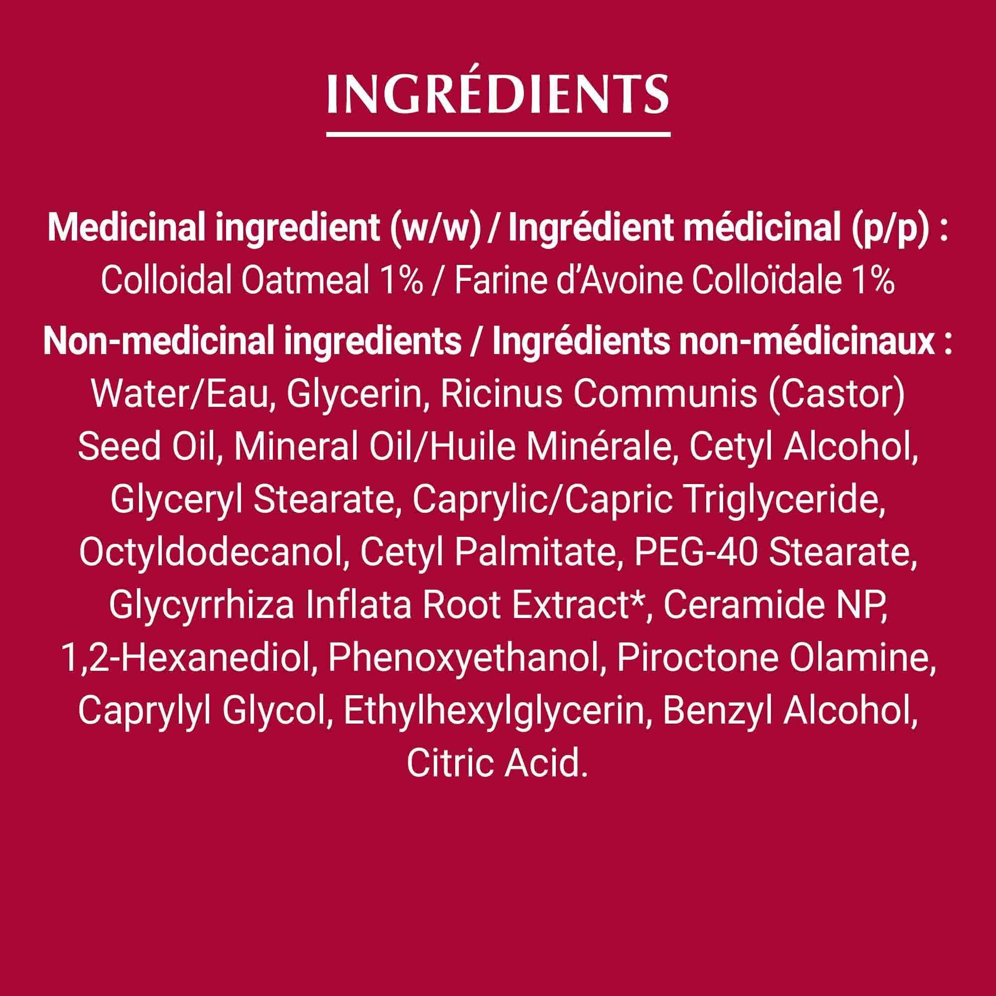 Liste des ingrédients de la crème Eucerin pour peau sujette à l'eczéma, en blanc sur fond rouge.