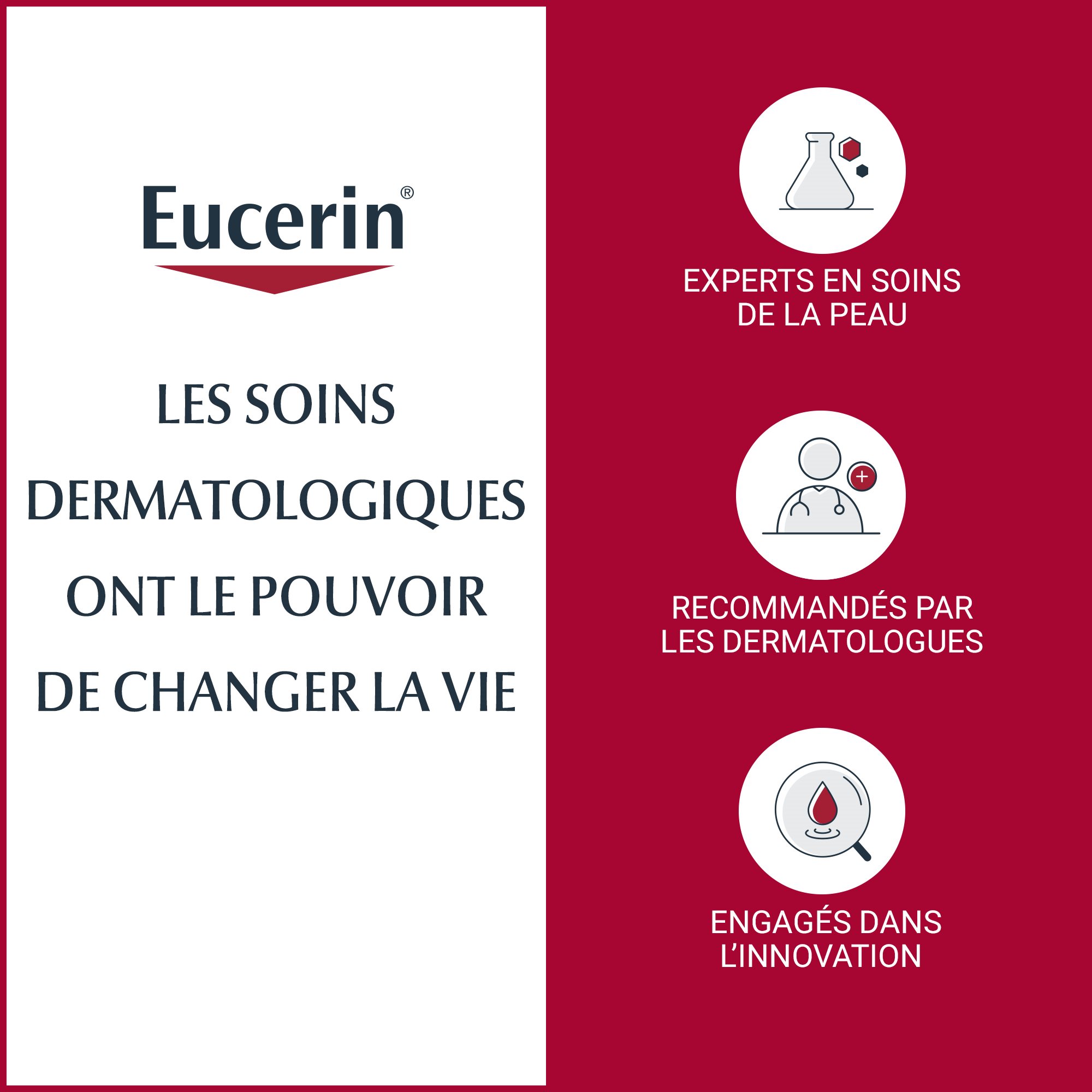Infos dermatologiques sur la crème Eucerin pour peau sujette à l'eczéma, sur fond blanc et rouge.