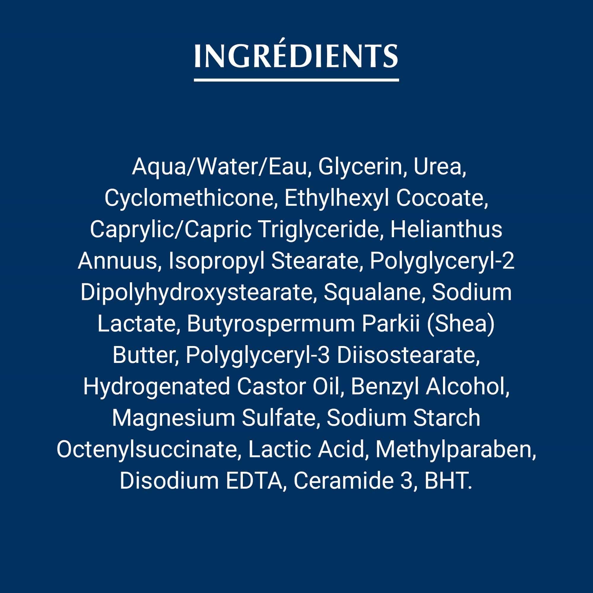 Liste des ingrédients composant la Crème régénératrice pour le visage Urea Repair Eucerin soins de nuit, en lettrage blanc sur fond bleu foncé.