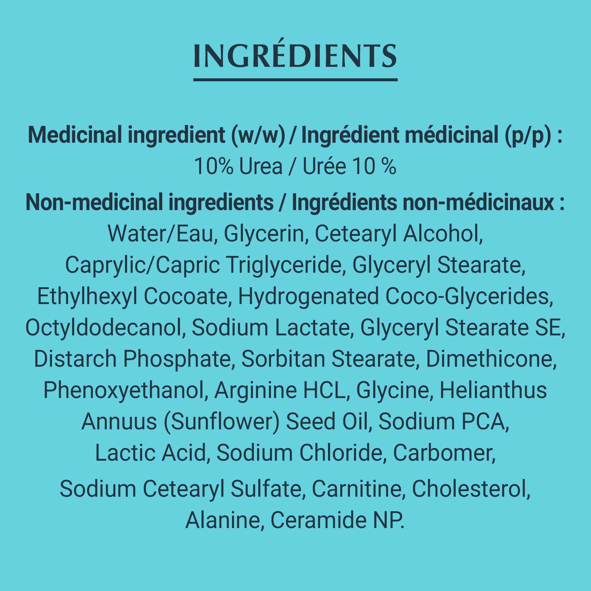 Liste des ingrédients composant la Crème pour les pieds Eucerin Complete Repair, sur fond bleu sarcelle.
