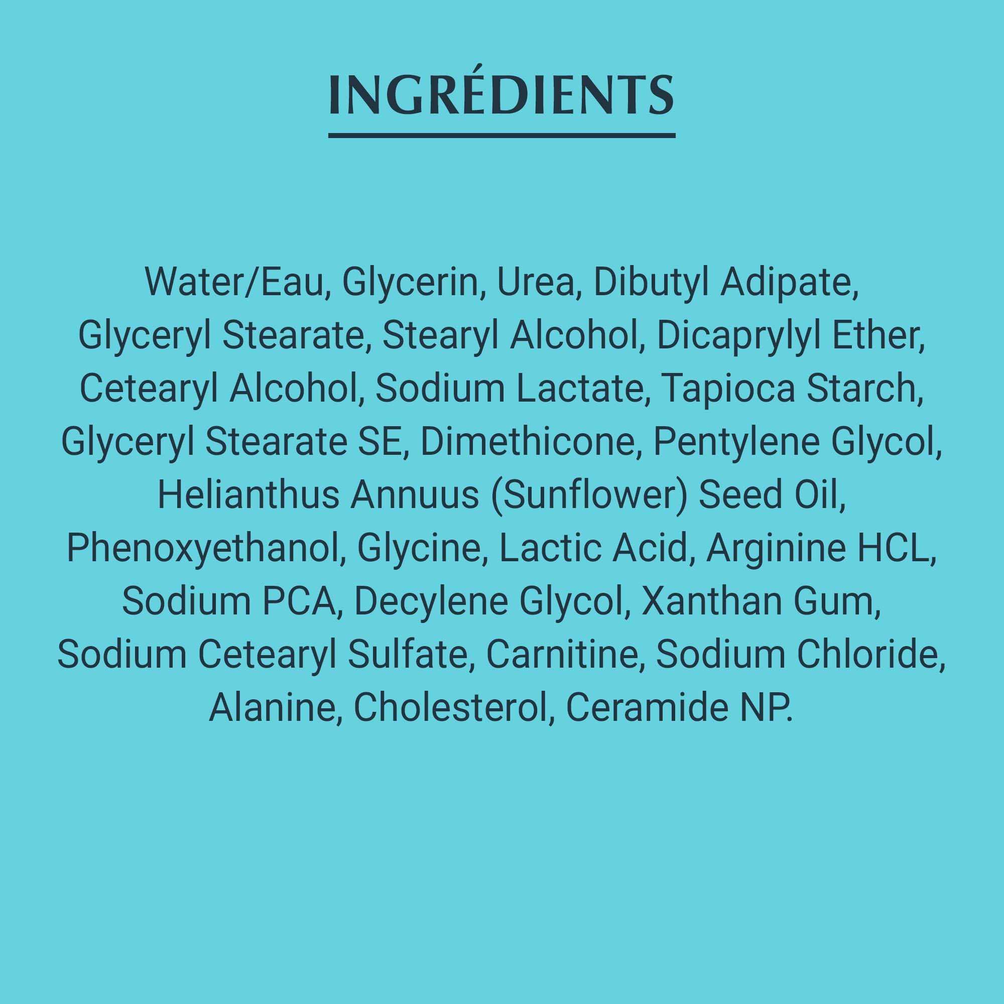 Liste des ingrédients composant la Crème pour les mains Eucerin Complete Repair, sur fond bleu sarcelle.