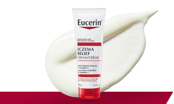 Eczema Relief Cream pack shot with a dash of creamy texture in the background