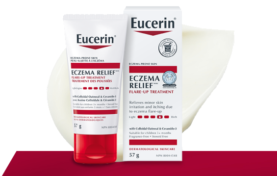 Photo de l’emballage du Traitement des poussées Eczema Relief avec une goutte de texture crémeuse à l’arrière-plan