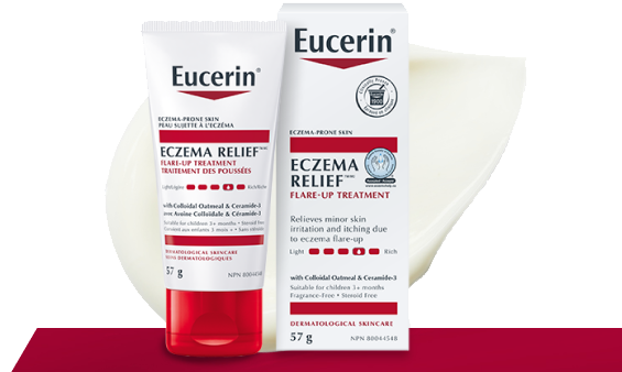 Eczema Relief Flare-Up Treatment Pack shot with a dash of creamy texture in the background