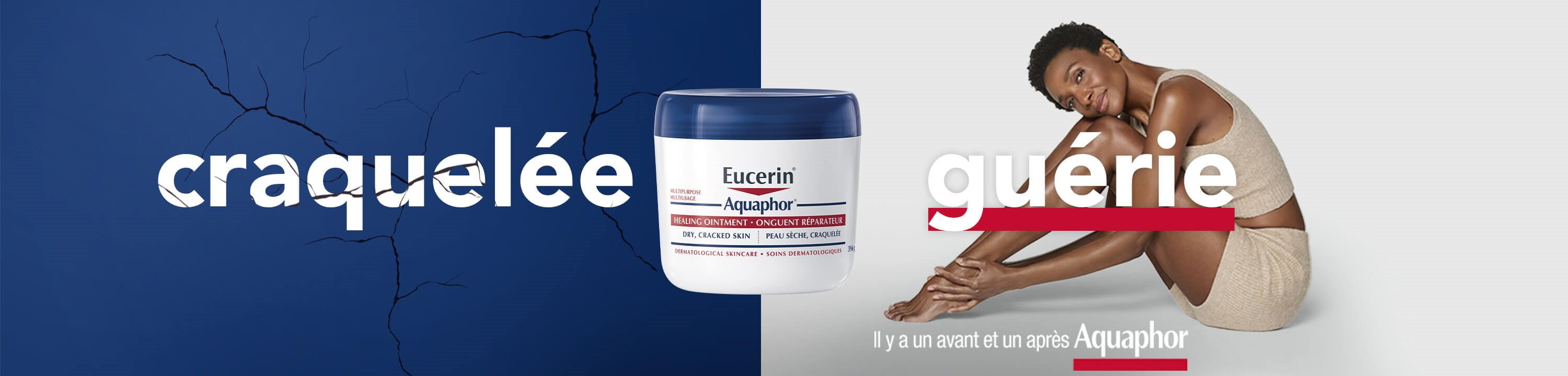 Vue d'une mannequin avec la tête reposant sur ses genoux pliés, et un produit Eucerin Aquaphor Healing Ointment 396g en arrière-plan.