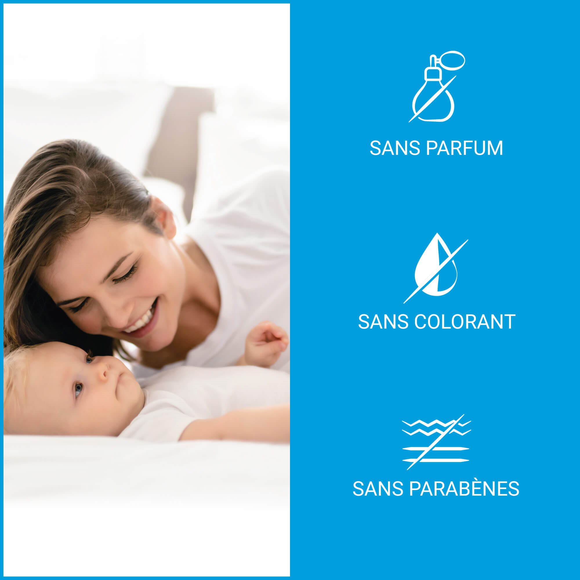 View of a smiling model and a baby with pillows in the background and white product text over a blue background.