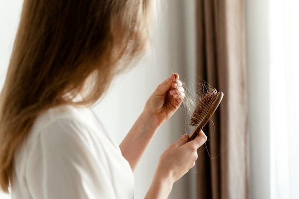 Frau entfernt herausgefallene Haare von einer Haarbürste