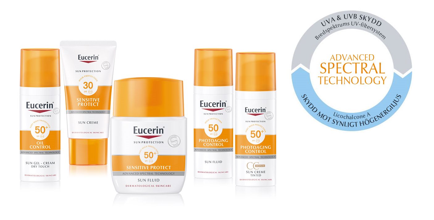 Eucerins produkter för åldrande hud och Advanced spectral technology logotyp