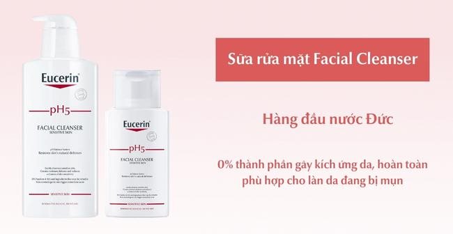 Sữa rửa mặt facial cleanser của Eucerin phù hợp cho da bị mụn đỏ 2 bên má