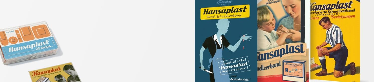 Historisches Foto und Abbildung einer Hansaplast 90-Jahre-Jubiläums-Dose