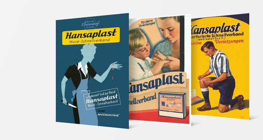 Historisches Foto und Abbildung einer Hansaplast 90-Jahre-Jubiläums-Dose