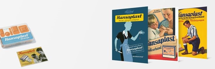 Historisches Foto und Abbildung einer Hansaplast 90-Jahre-Jubiläums-Dose