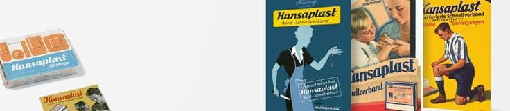 Historisches Foto und Abbildung einer Hansaplast 90-Jahre-Jubiläums-Dose