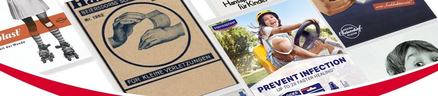 A compilation of Hansaplast ads throughout the last century is displayed.