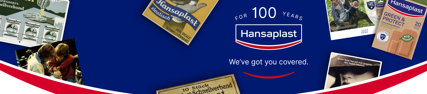 A collage of Hansaplast advertisements and packaging throughout the last hundred years.