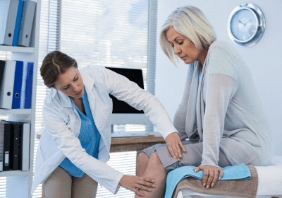 A doctor is examining a woman’s knee