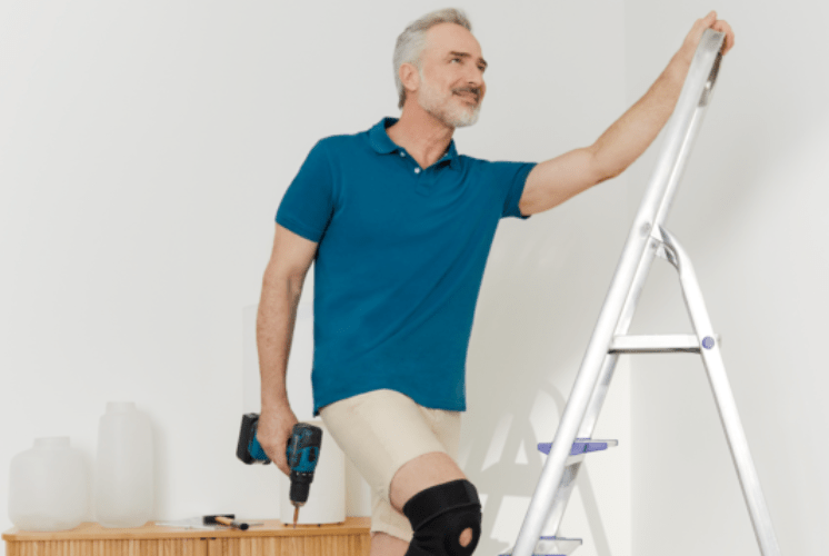 man wearing a knee support at home
