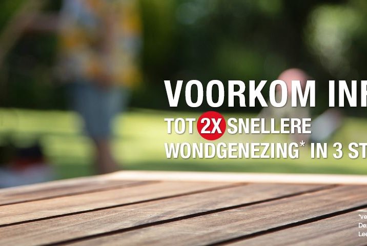 Hansaplast Wundpflegeprodukte, darunter ein Wundspray, Universal 40 wasserdichte Pflasterstreifen und Wundheilungssalbe, zusammen auf einer Holzoberfläche präsentiert.