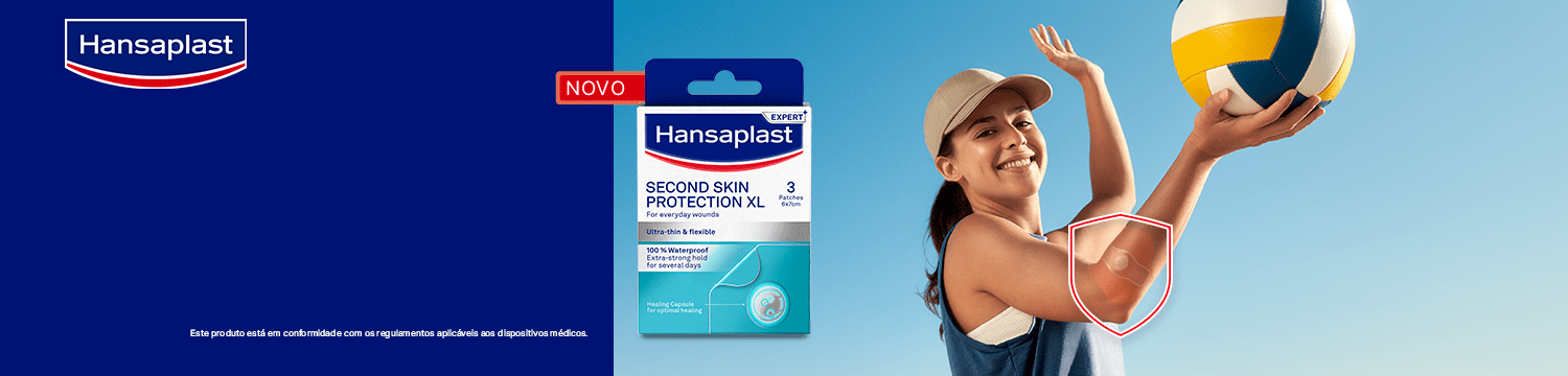 A grandmother is smiling while holding her grandchild. Parts of her right forearm are covered with a Hansaplast Ultra Sensitive Plaster in the new XXL size.