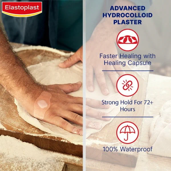 Elastoplast Second Skin Hydrocolloid Plaster provides faster healing with a healing capsule, strong hold for 72+ hours, and 100% waterproof