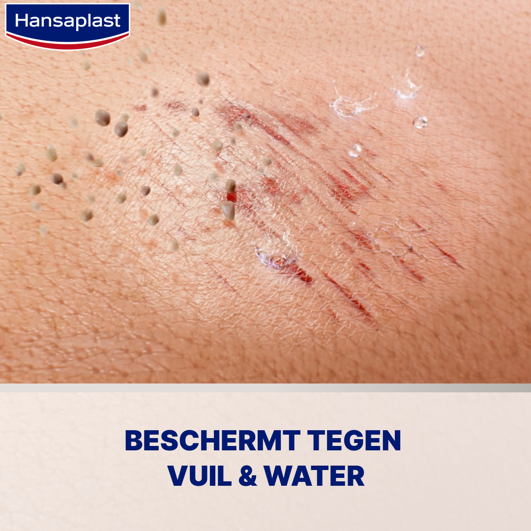 Infographic die laat zien hoe Hansaplast Second Skin Liquid Pleister wonden helpt beschermen tegen vuil en water