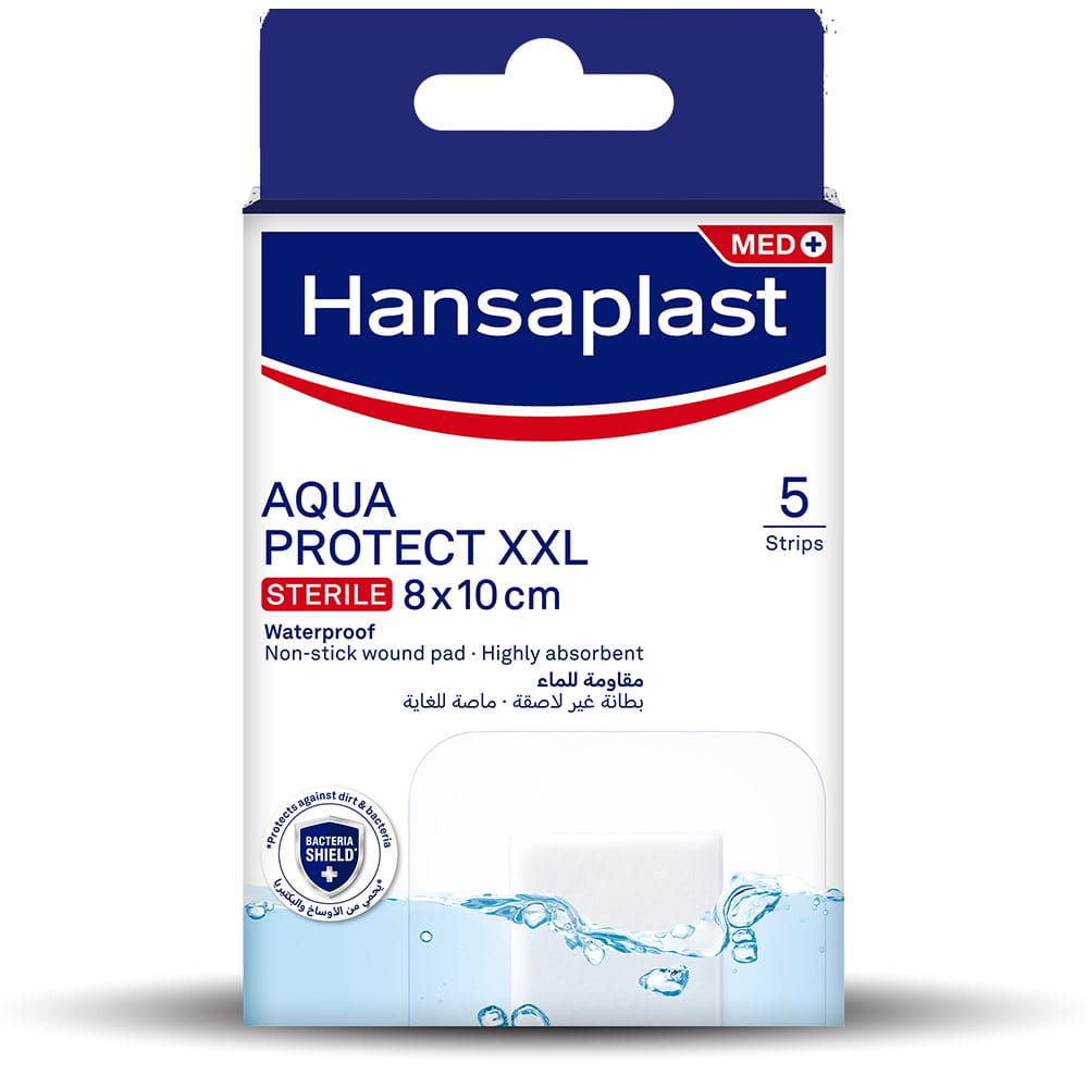 Hansaplast Aqua Protect XXL packshot, sterile 8 × 10 cm waterproof plasters, 5 strips