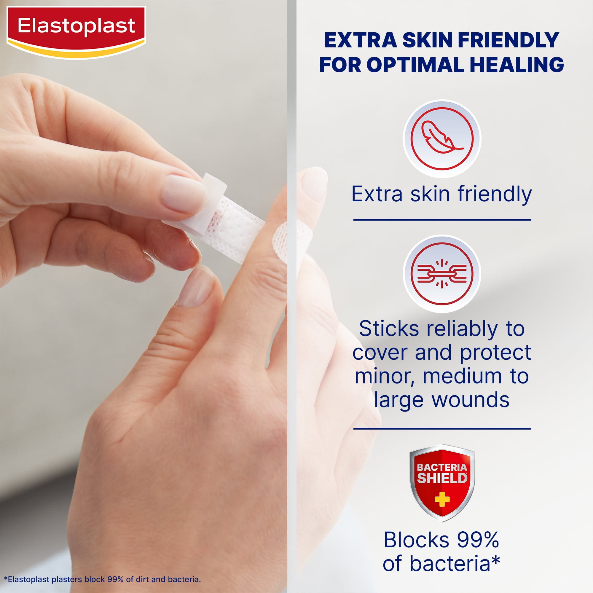 Image of a person applying an Elastoplast Sensitive Plaster to their finger while highlighting product benefits