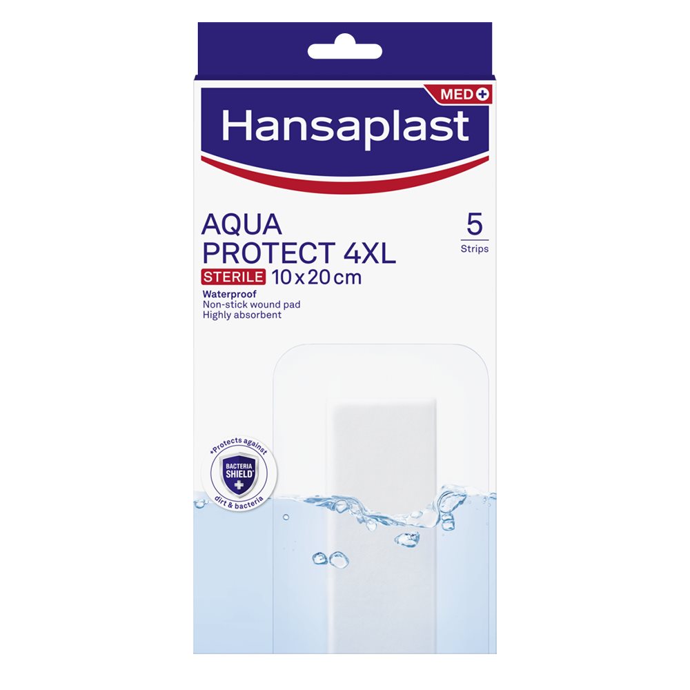 Hansaplast Aqua Protect 4XL packshot, sterile 10 × 20 cm waterproof plasters, 5 strips