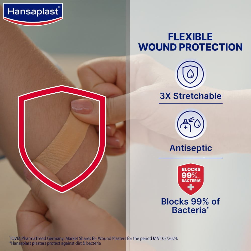 Hansaplast Antiseptic Elastic Bandage | Covered Wounds Heal Better | Blocks 99% of Bacteria | 3X Stretchable | Water Repellant | Adapts to Body Movement | For Wound Cuts , Scrapes and Finger Cuts | First Aid Essential