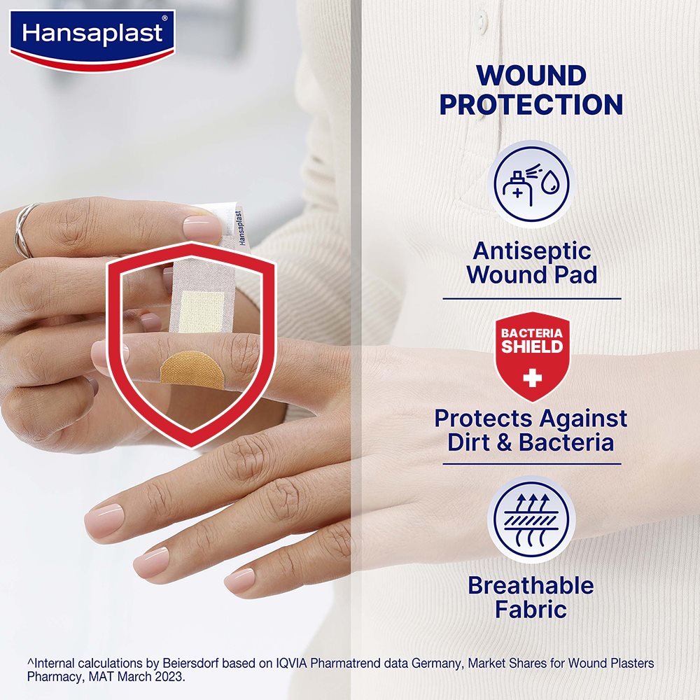 Hansaplast Antiseptic Regular Bandage for Cuts & Wounds | Breathable fabric | First Aid | Protects Against Dirt and Bacteria | For Kids & Adults