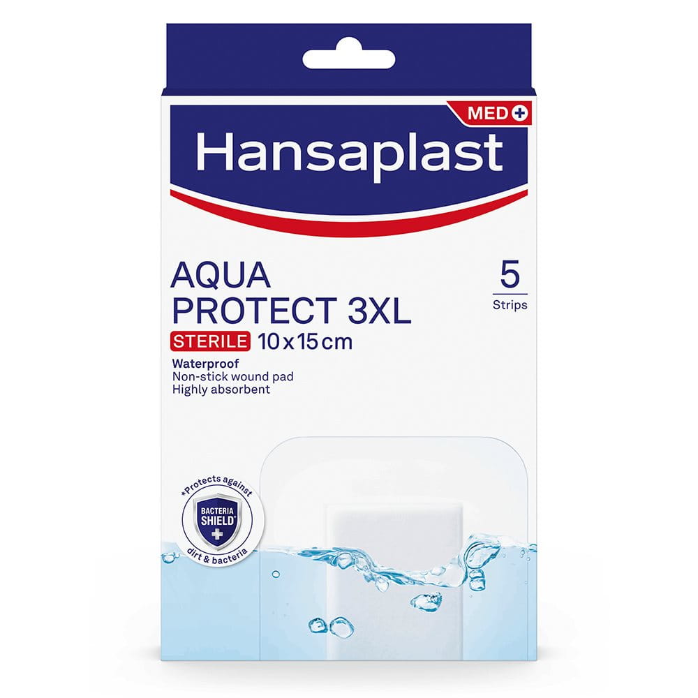 Hansaplast Aqua Protect 3XL packshot, sterile 10 × 15 cm waterproof plasters, 5 strips