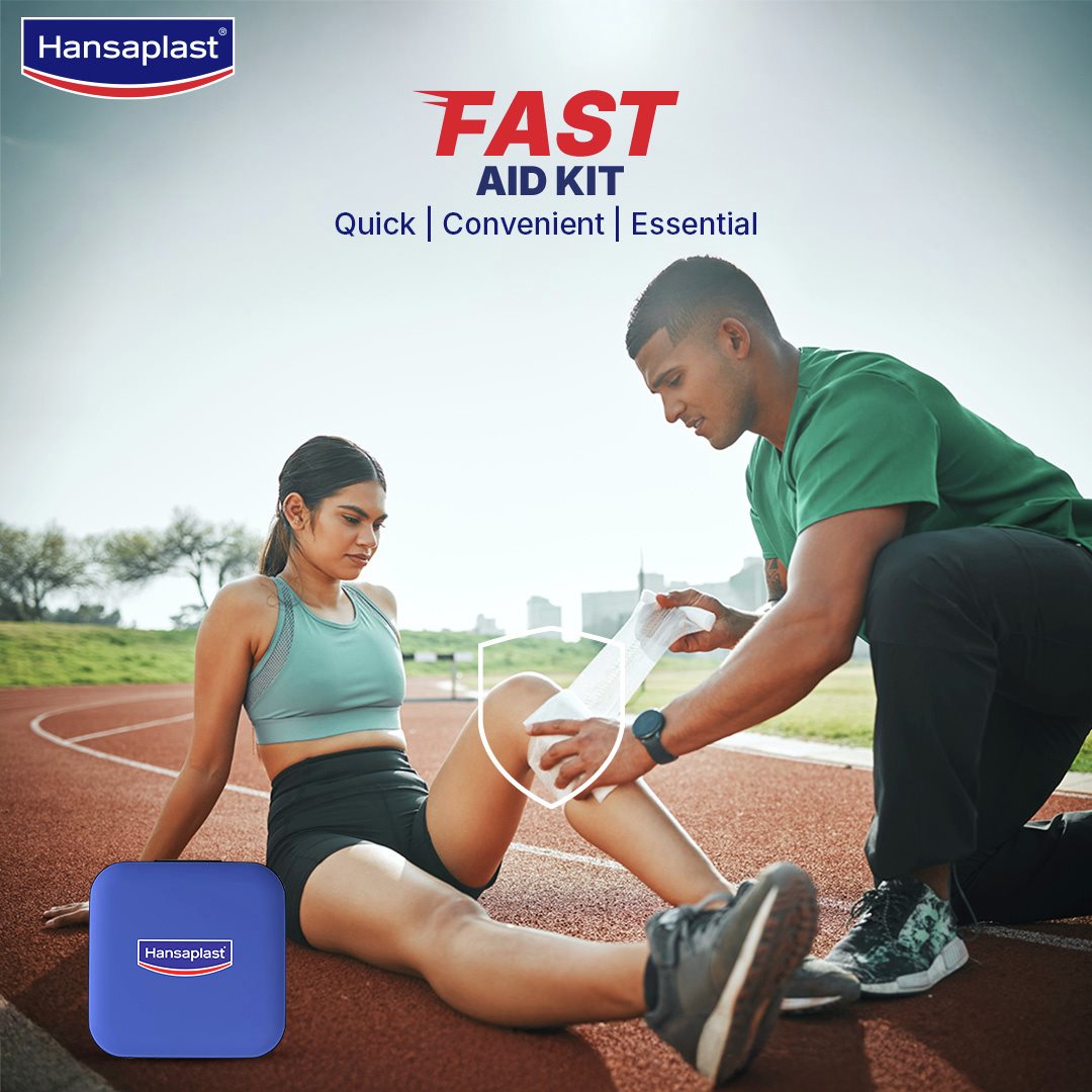 Hansaplast Fast Aid Kit for Wounds & Bruises | First Aid Kit | 9 Items - 38 Pieces | Emergency Medical Kit for Home, Office, Travel, Car, Sports, Outdoor, Multi-Use Pack for Cuts, Wounds & Injuries | Lightweight & Compact