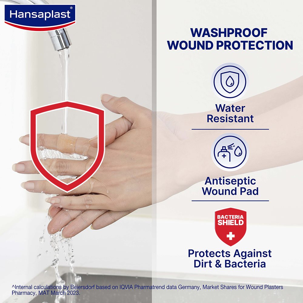 Hansaplast Antiseptic Washproof Bandage for injury & wounds | First Aid | Water resistant | Provides Comfort to the Wound in Water | For Kids & Adults