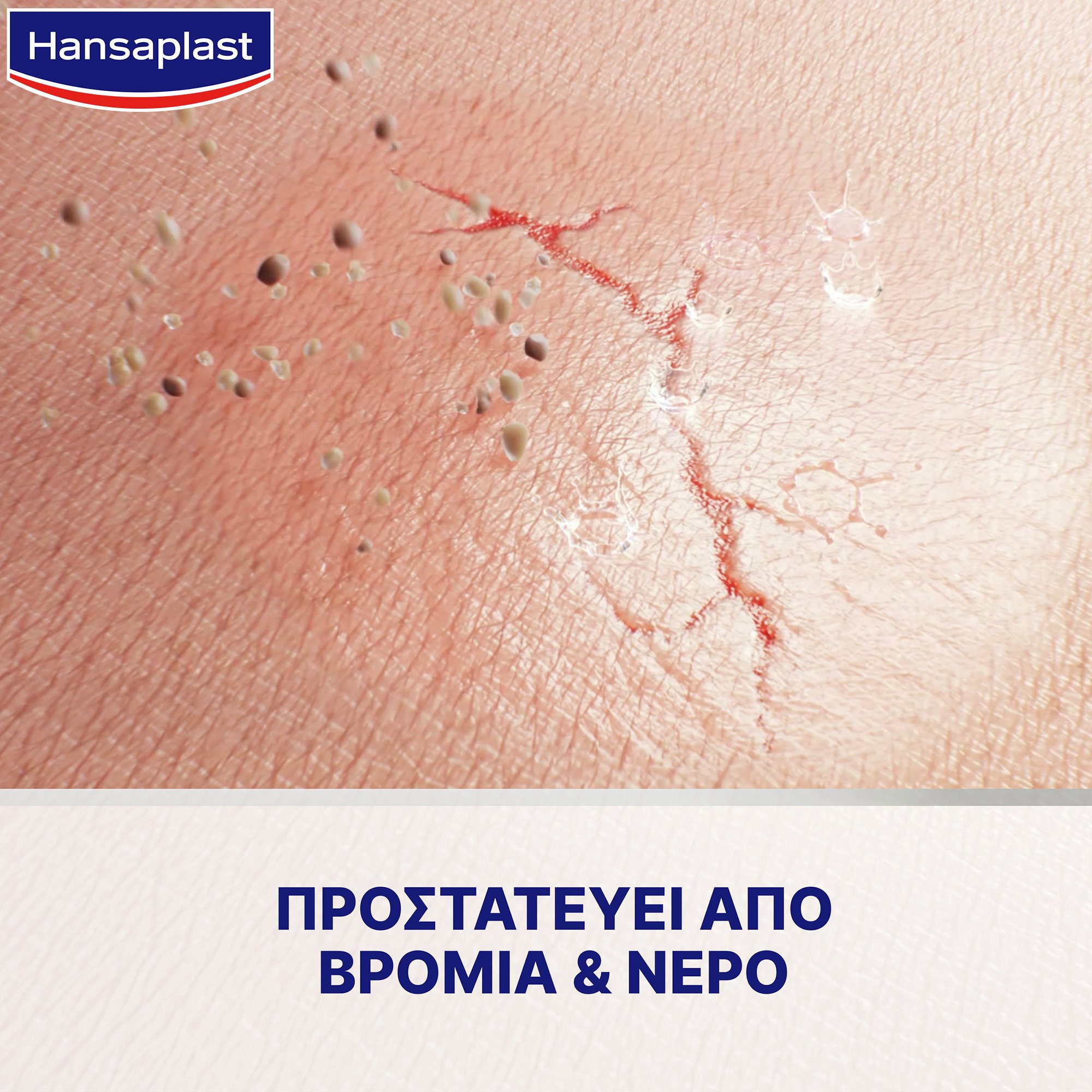 Ενημερωτικό γράφημα που δείχνει πώς το Hansaplast Επίθεμα σε μορφή σπρέι και το Hansaplast Υγρό επίθεμα σχηματίζουν μια αόρατη μεμβράνη πάνω από τις πληγές που προστατεύει από τη βρωμιά και το νερό