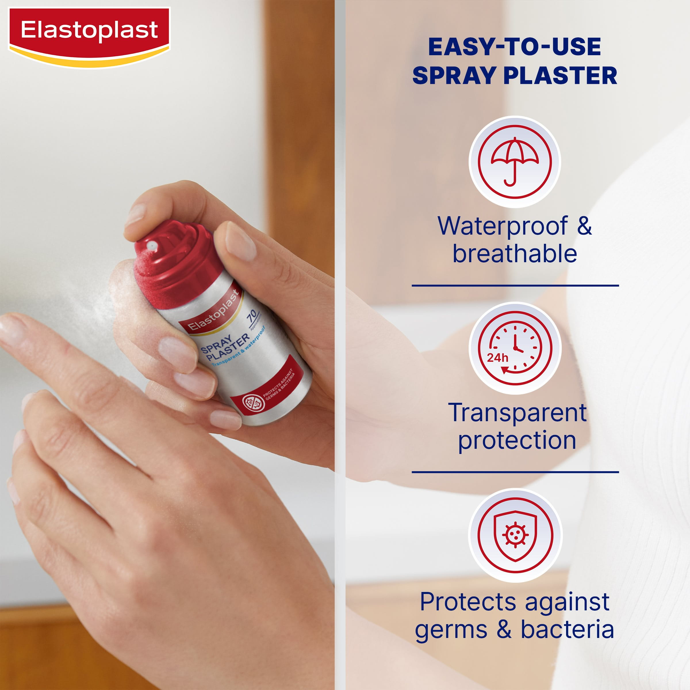 Infographic showcasing product benefits of Elastoplast Second Skin Wound Spray