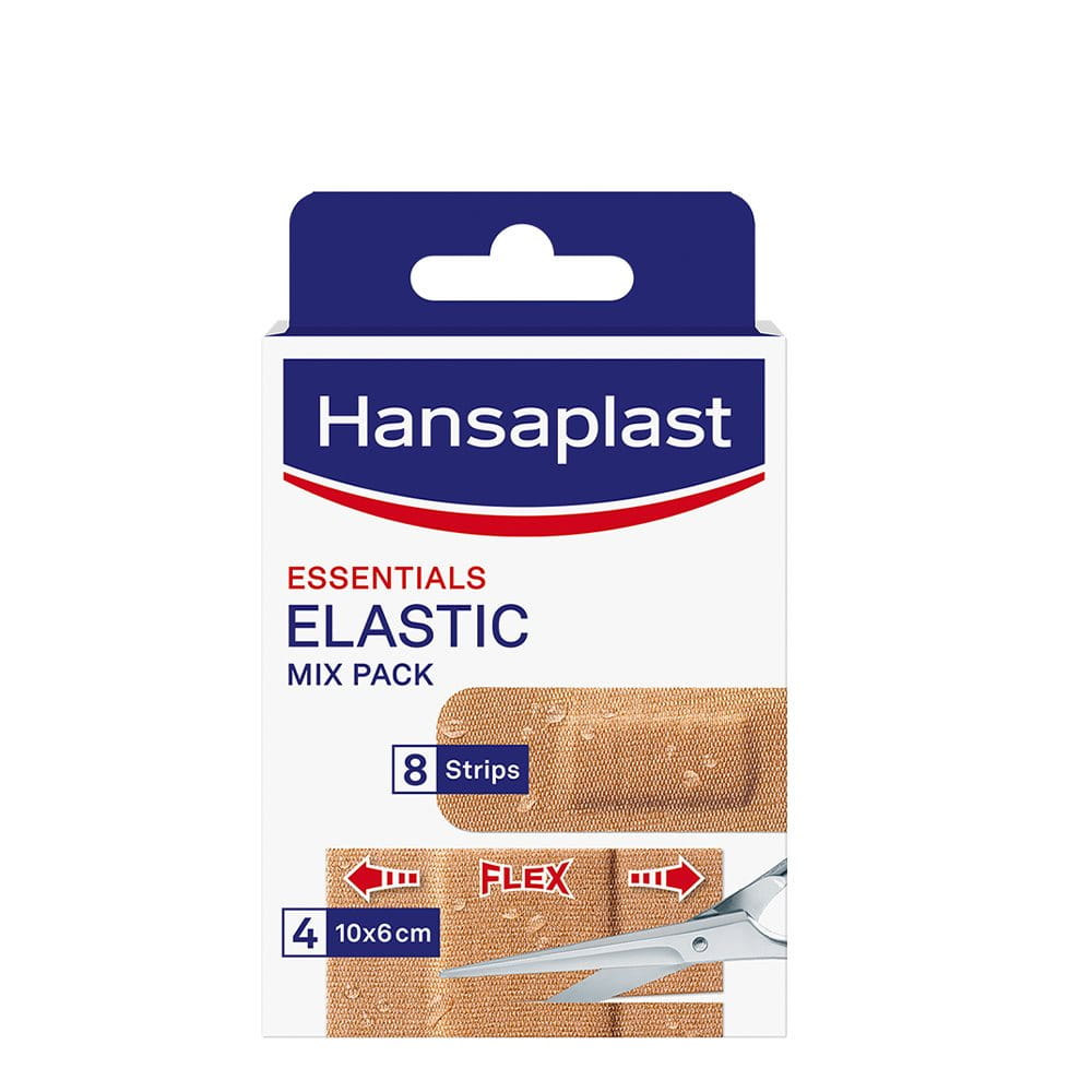 Hansaplast Essentials Elastic Mix Pack packshot with assorted flexible plasters for everyday wounds