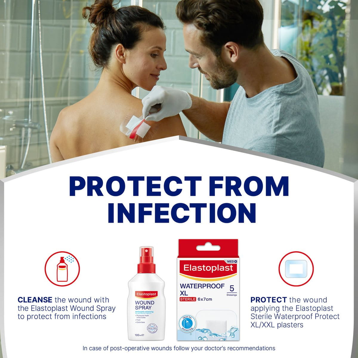 A picture of someone cleaning a large wound with Elastoplast Wound Spray and cover it with Elastoplast Sterile Waterproof Plasters