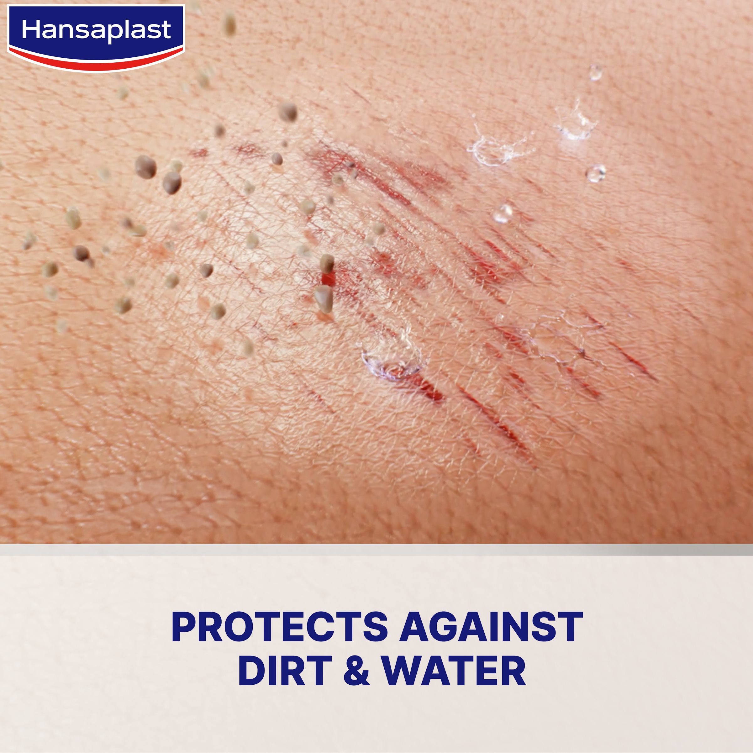 Infografía que muestra cómo el Apósito en Spray Second Skin Protection y el Apósito Líquido Concentrado Second Skin Protection de Hansaplast forman una película invisible sobre las heridas que las protege de la suciedad y el agua