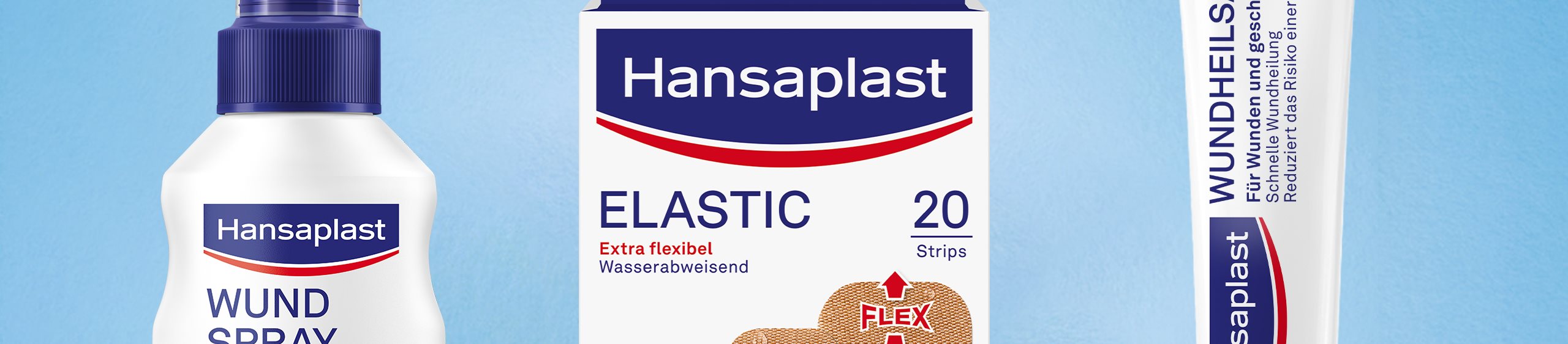 Underneath the numbers one, two an three, the products for wound care routine are displayed: first, the Hansaplast Wound Spray, second Hansalast Classic plasters, third, Hansaplast Wound Healing Ointment.