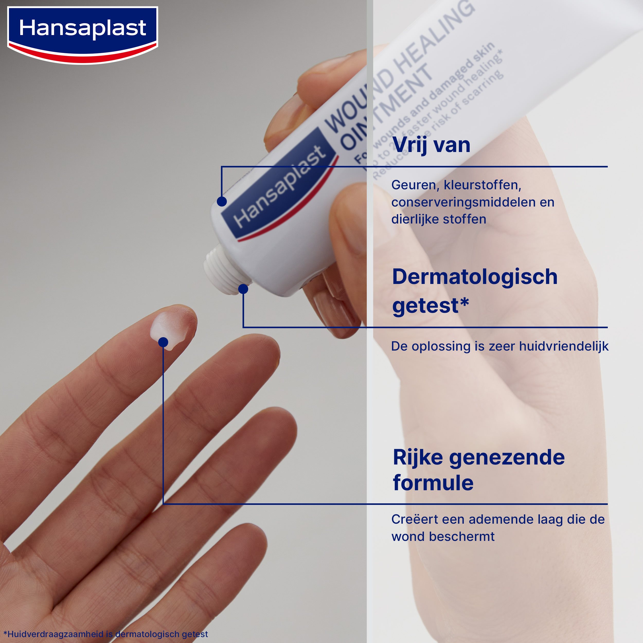 Infographic met productvoordelen van Hansaplast Wondhelende Zalf 20G